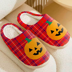 Clan Rose Tartan Halloween Pumpkin Slippers, Fluffy Spooky Slippers PA58 Rose Tartan Tartan Halloween