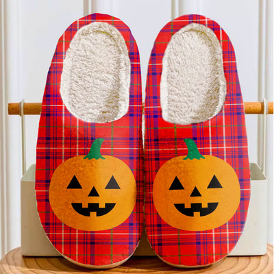 Clan Rose Tartan Halloween Pumpkin Slippers, Fluffy Spooky Slippers