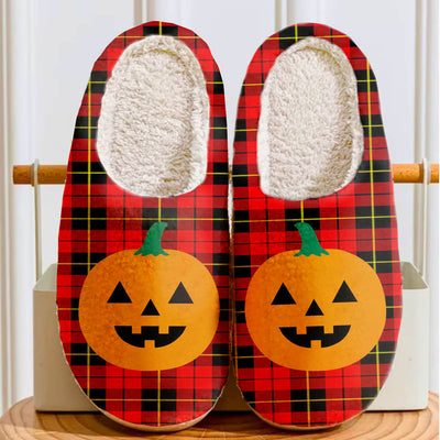 Clan Wallace Hunting Red Tartan Halloween Pumpkin Slippers, Fluffy Spooky Slippers