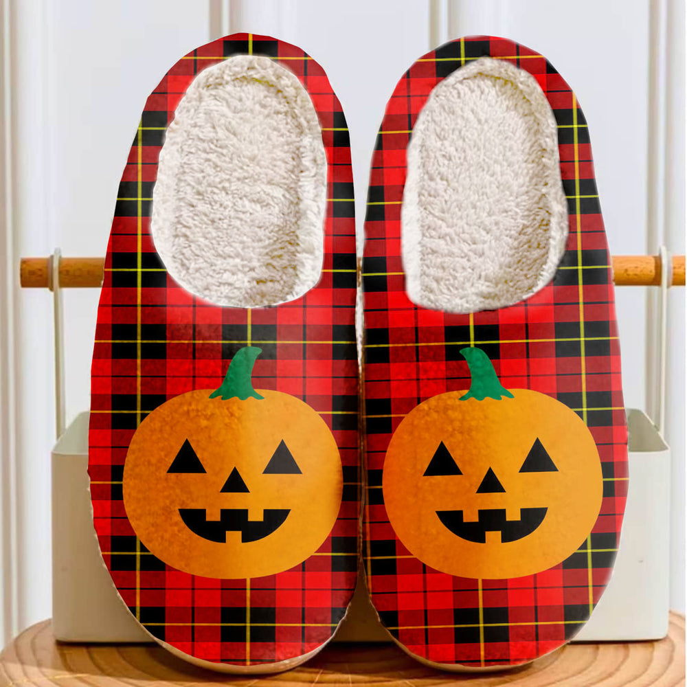 Clan Wallace Hunting Red Tartan Halloween Pumpkin Slippers, Fluffy Spooky Slippers BJ39 Wallace Hunting Red Tartan Tartan Halloween