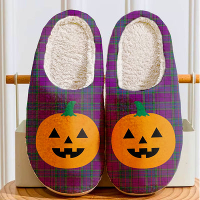 Clan Wardlaw Tartan Halloween Pumpkin Slippers, Fluffy Spooky Slippers