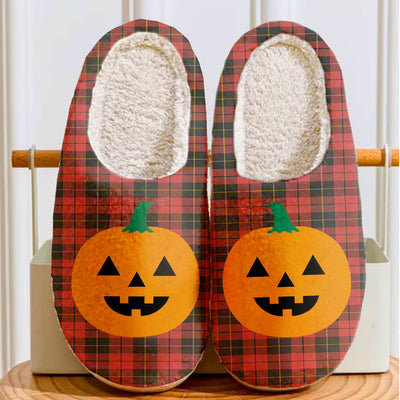 Clan Wallace Weathered Tartan Halloween Pumpkin Slippers, Fluffy Spooky Slippers