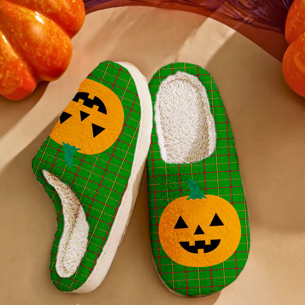 Clan Tribe of Mar Tartan Halloween Pumpkin Slippers, Fluffy Spooky Slippers TQ83 Tribe of Mar Tartan Tartan Halloween