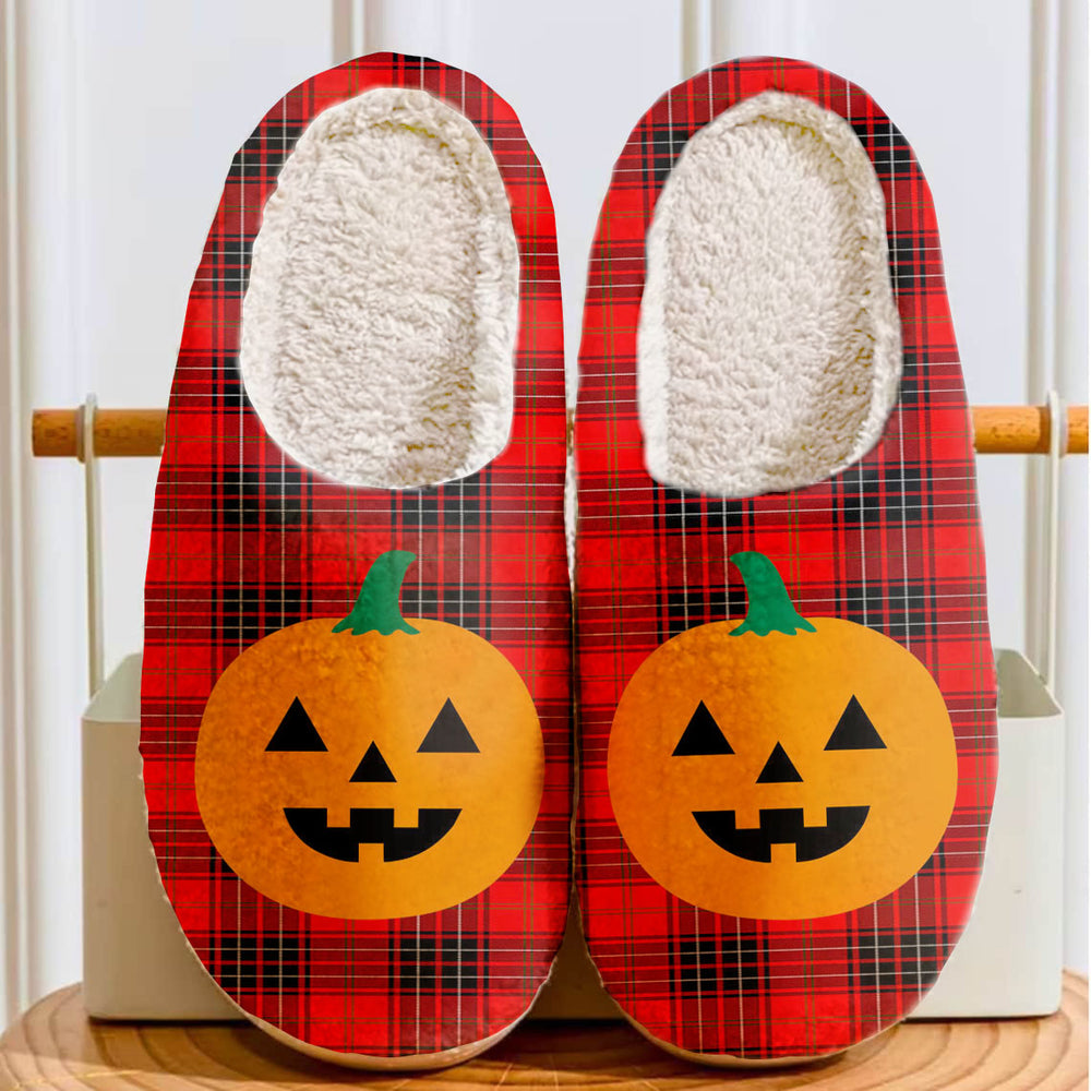 Clan Wemyss Modern Tartan Halloween Pumpkin Slippers, Fluffy Spooky Slippers HQ60 Wemyss Modern Tartan Tartan Halloween