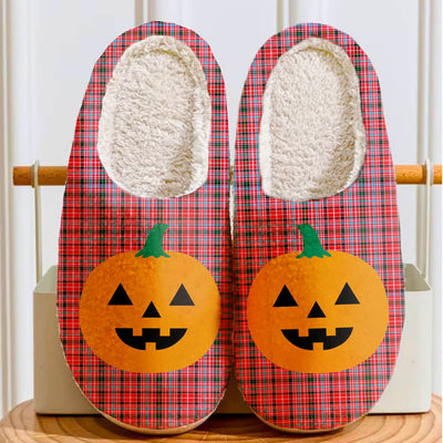 Clan Straiton Aderbeen Tartan Halloween Pumpkin Slippers, Fluffy Spooky Slippers