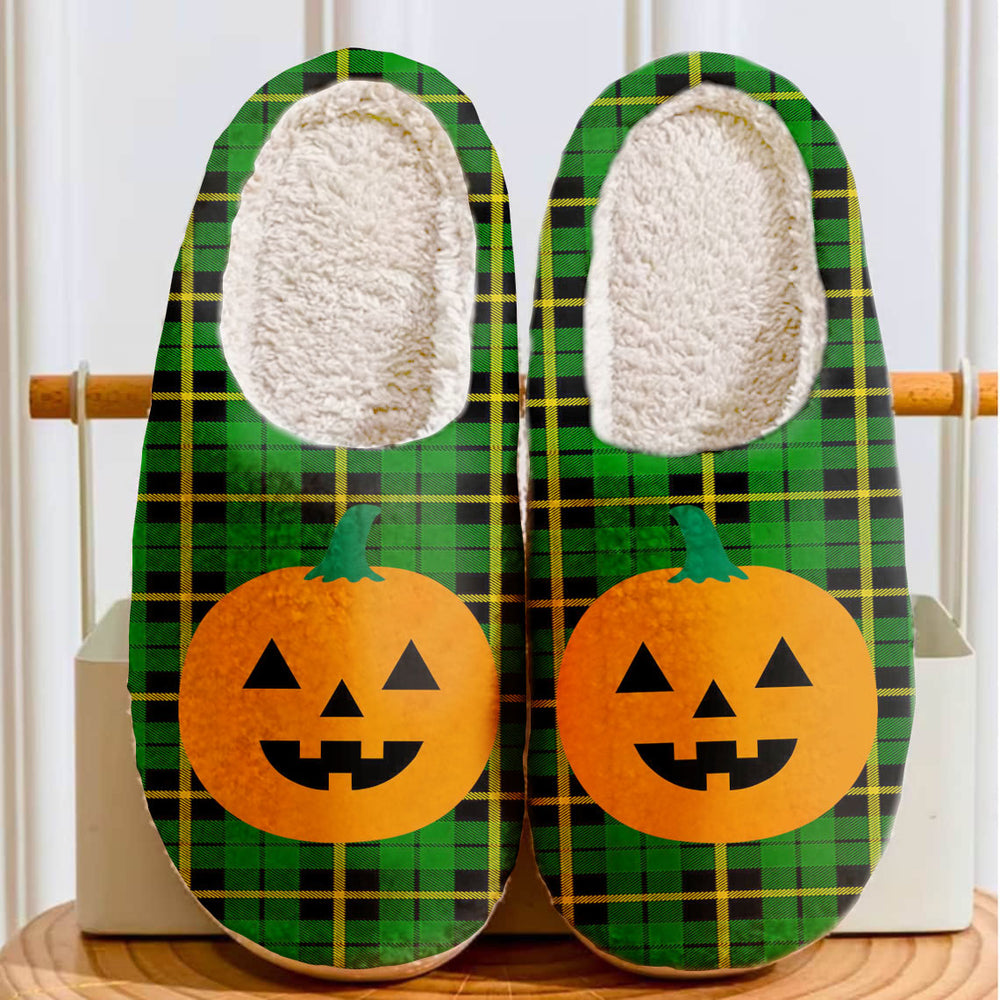 Clan Wallace Hunting Green Tartan Halloween Pumpkin Slippers, Fluffy Spooky Slippers FK63 Wallace Hunting Green Tartan Tartan Halloween