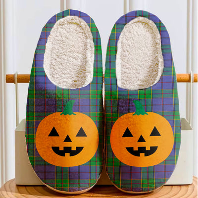 Clan Strachan Tartan Halloween Pumpkin Slippers, Fluffy Spooky Slippers