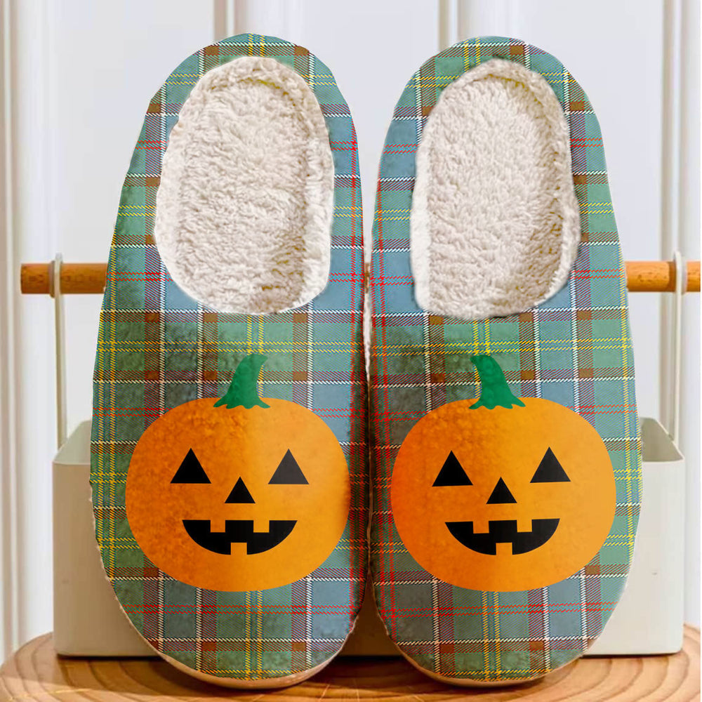 Clan Whitelaw Tartan Halloween Pumpkin Slippers, Fluffy Spooky Slippers AH57 Whitelaw Tartan Tartan Halloween