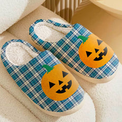 Clan Strathclyde District Tartan Halloween Pumpkin Slippers, Fluffy Spooky Slippers UW17 Strathclyde District Tartan Tartan Halloween