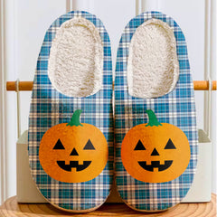 Clan Strathclyde District Tartan Halloween Pumpkin Slippers, Fluffy Spooky Slippers UW17 Strathclyde District Tartan Tartan Halloween