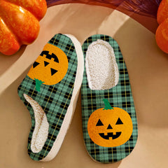 Clan Wallace Hunting Ancient Tartan Halloween Pumpkin Slippers, Fluffy Spooky Slippers EO57 Wallace Hunting Ancient Tartan Tartan Halloween