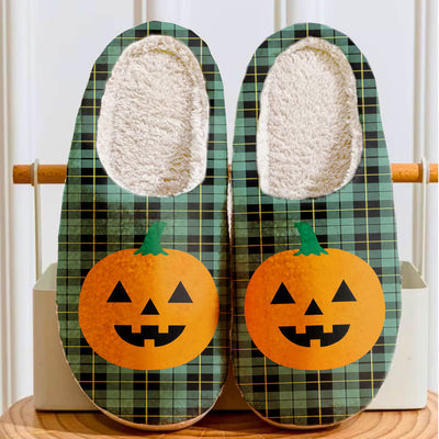 Clan Wallace Hunting Ancient Tartan Halloween Pumpkin Slippers, Fluffy Spooky Slippers