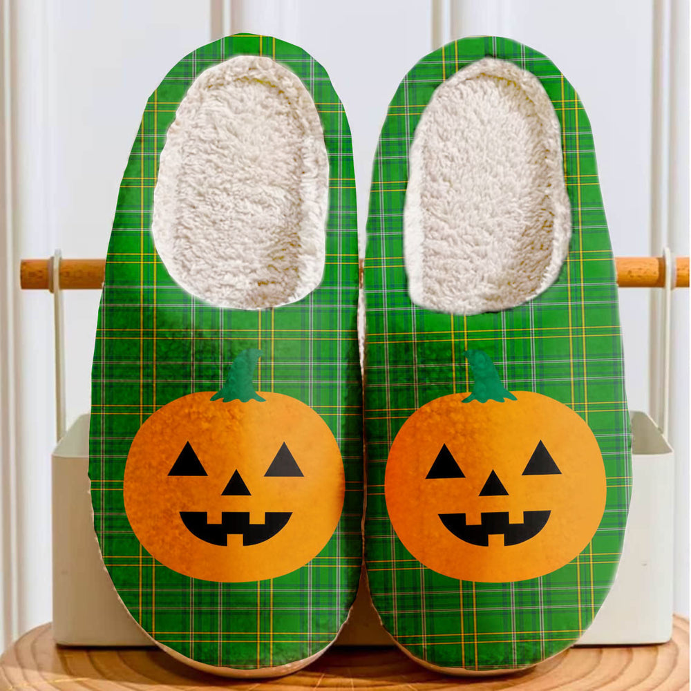Clan Wexford County Tartan Halloween Pumpkin Slippers, Fluffy Spooky Slippers TF28 Wexford County Tartan Tartan Halloween