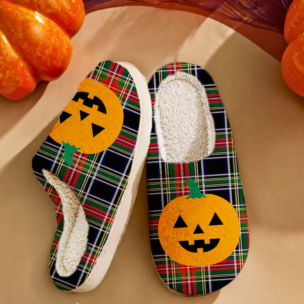 Clan Stewart Black Tartan Halloween Pumpkin Slippers, Fluffy Spooky Slippers WH97 Stewart Black Tartan Tartan Halloween