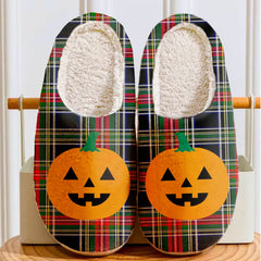 Clan Stewart Black Tartan Halloween Pumpkin Slippers, Fluffy Spooky Slippers WH97 Stewart Black Tartan Tartan Halloween