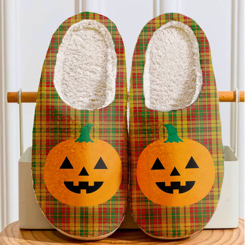 Clan Strathearn Modern Tartan Halloween Pumpkin Slippers, Fluffy Spooky Slippers YG83 Strathearn Modern Tartan Tartan Halloween