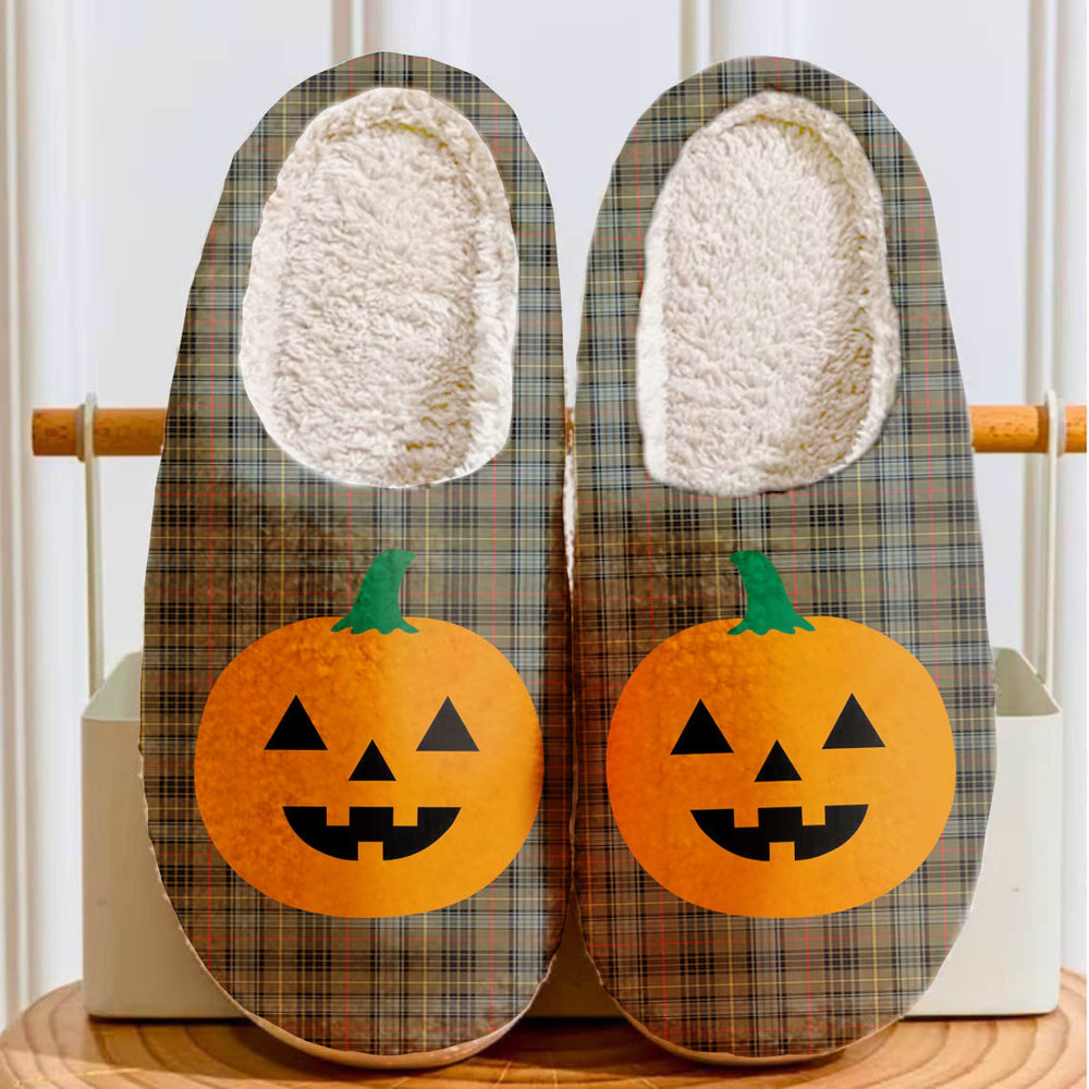 Clan Stewart Hunting Weathered Tartan Halloween Pumpkin Slippers, Fluffy Spooky Slippers CR94 Stewart Hunting Weathered Tartan Tartan Halloween