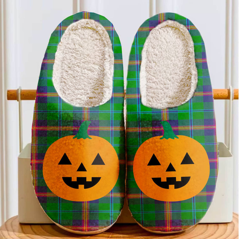 Clan Young Modern Tartan Halloween Pumpkin Slippers, Fluffy Spooky Slippers NY91 Young Modern Tartan Tartan Halloween