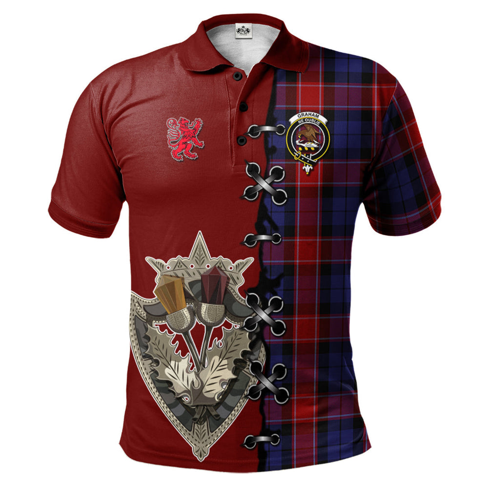 Clan Graham of Menteith Red Tartan Polo Shirt - Lion Rampant And Celtic Thistle Style DG70 Graham of Menteith Red Tartan Tartan Polo