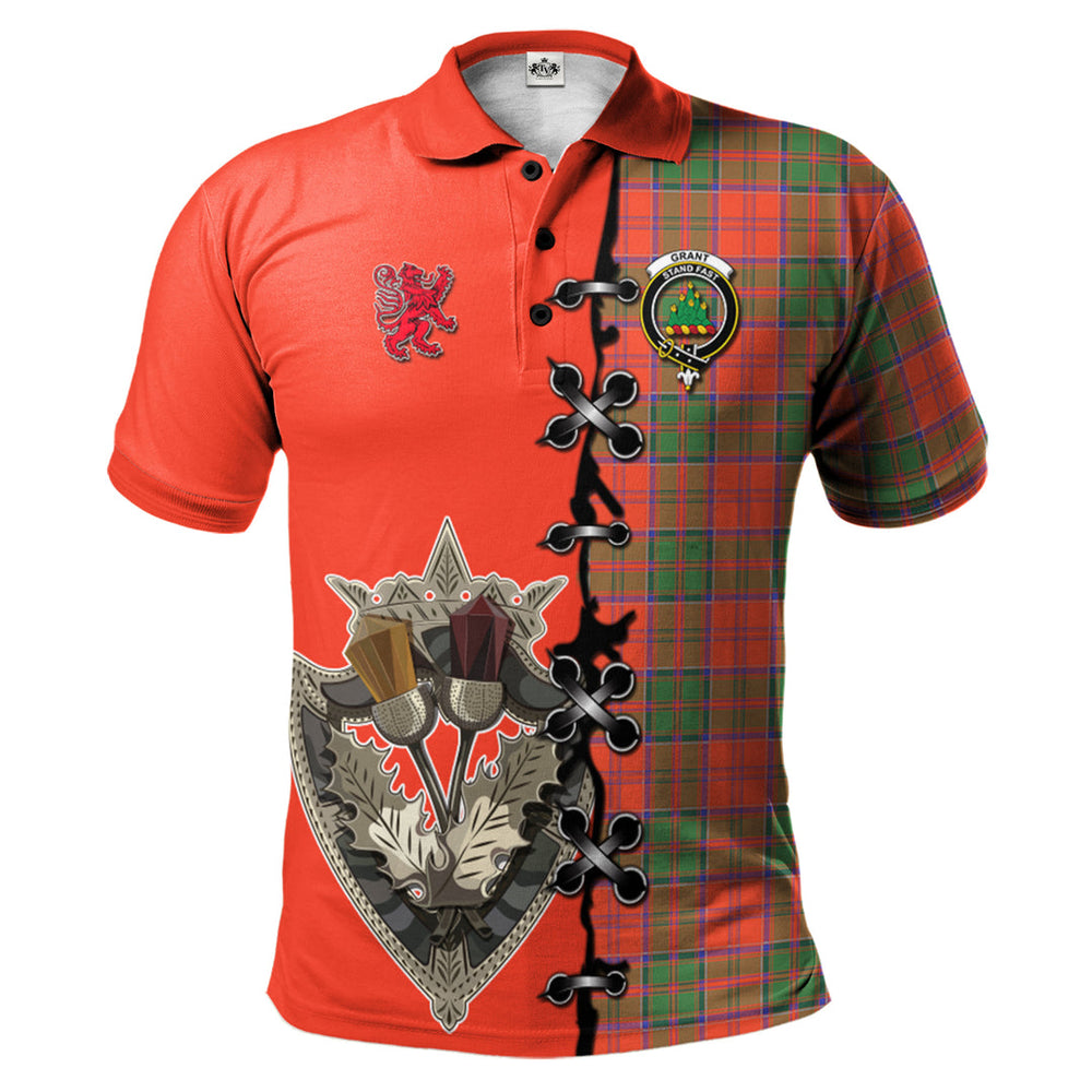 Clan Grant Ancient Tartan Polo Shirt - Lion Rampant And Celtic Thistle Style HO45 Grant Ancient Tartan Tartan Polo