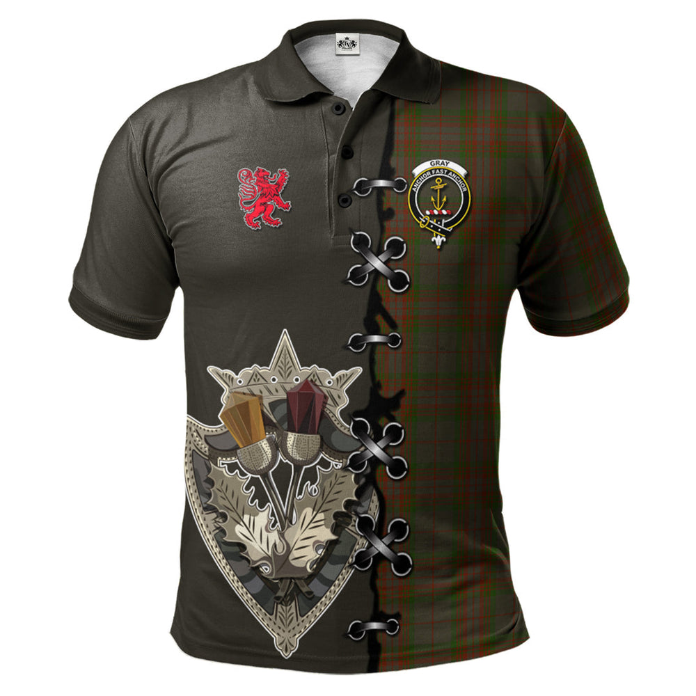 Clan Gray Tartan Polo Shirt - Lion Rampant And Celtic Thistle Style IW43 Gray Tartan Tartan Polo