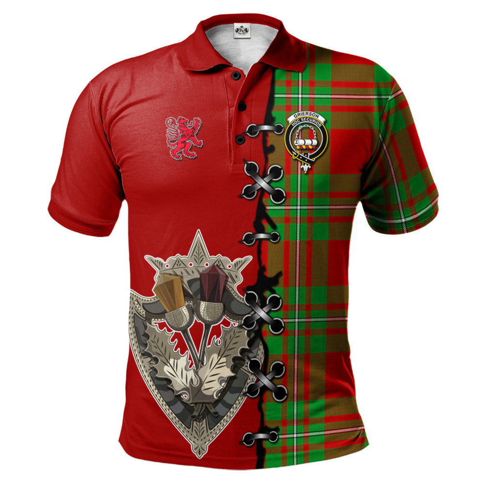 Clan Grierson Tartan Polo Shirt - Lion Rampant And Celtic Thistle Style AA96 Grierson Tartan Tartan Polo