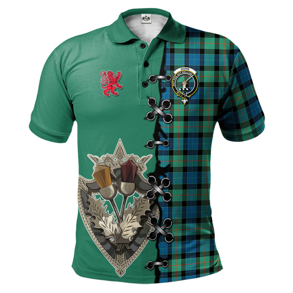 Clan Gunn Ancient Tartan Polo Shirt - Lion Rampant And Celtic Thistle Style MS71 Gunn Ancient Tartan Tartan Polo