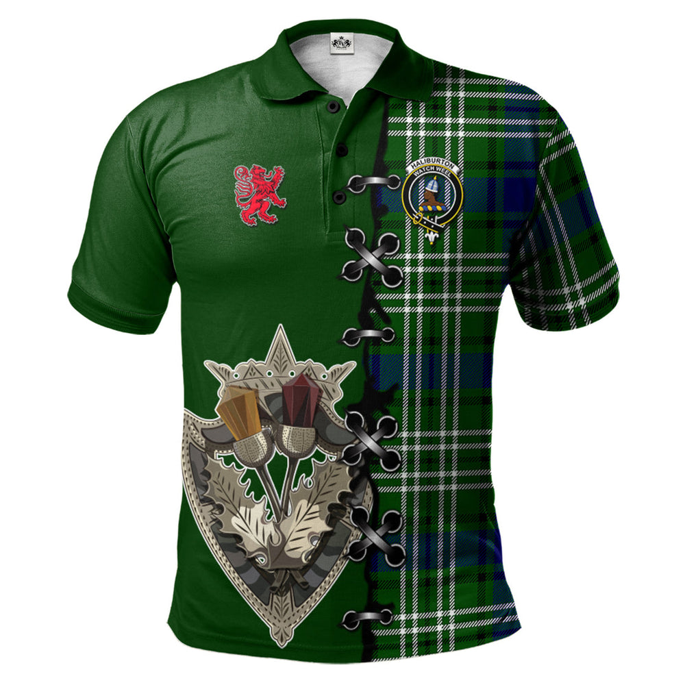 Clan Haliburton Tartan Polo Shirt - Lion Rampant And Celtic Thistle Style TY85 Haliburton Tartan Tartan Polo