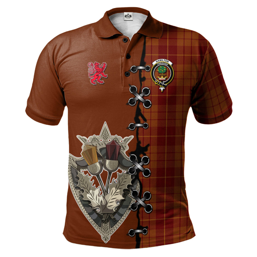 Clan Hamilton Red Tartan Polo Shirt - Lion Rampant And Celtic Thistle Style IU94 Hamilton Red Tartan Tartan Polo