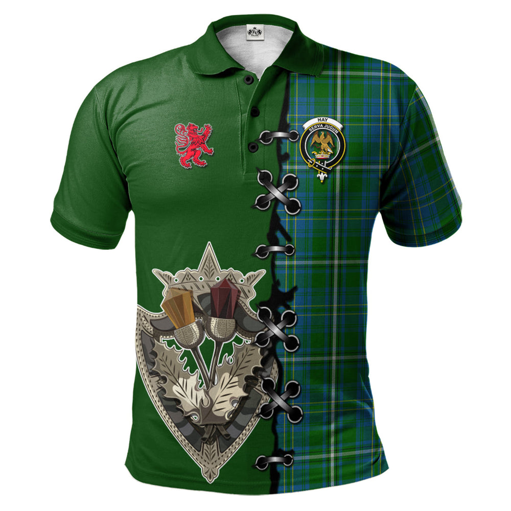 Clan Hay Hunting Tartan Polo Shirt - Lion Rampant And Celtic Thistle Style GW22 Hay Hunting Tartan Tartan Polo