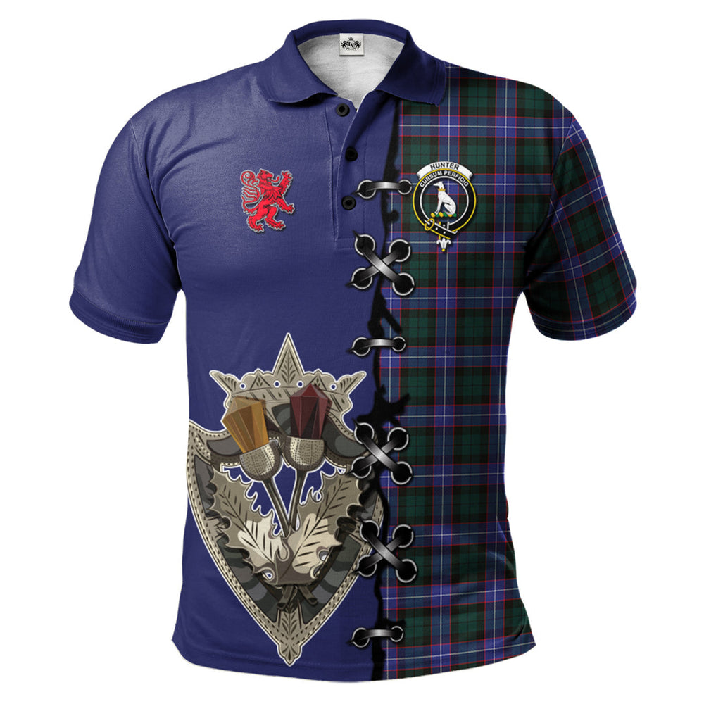 Clan Hunter Modern Tartan Polo Shirt - Lion Rampant And Celtic Thistle Style HQ64 Hunter Modern Tartan Tartan Polo