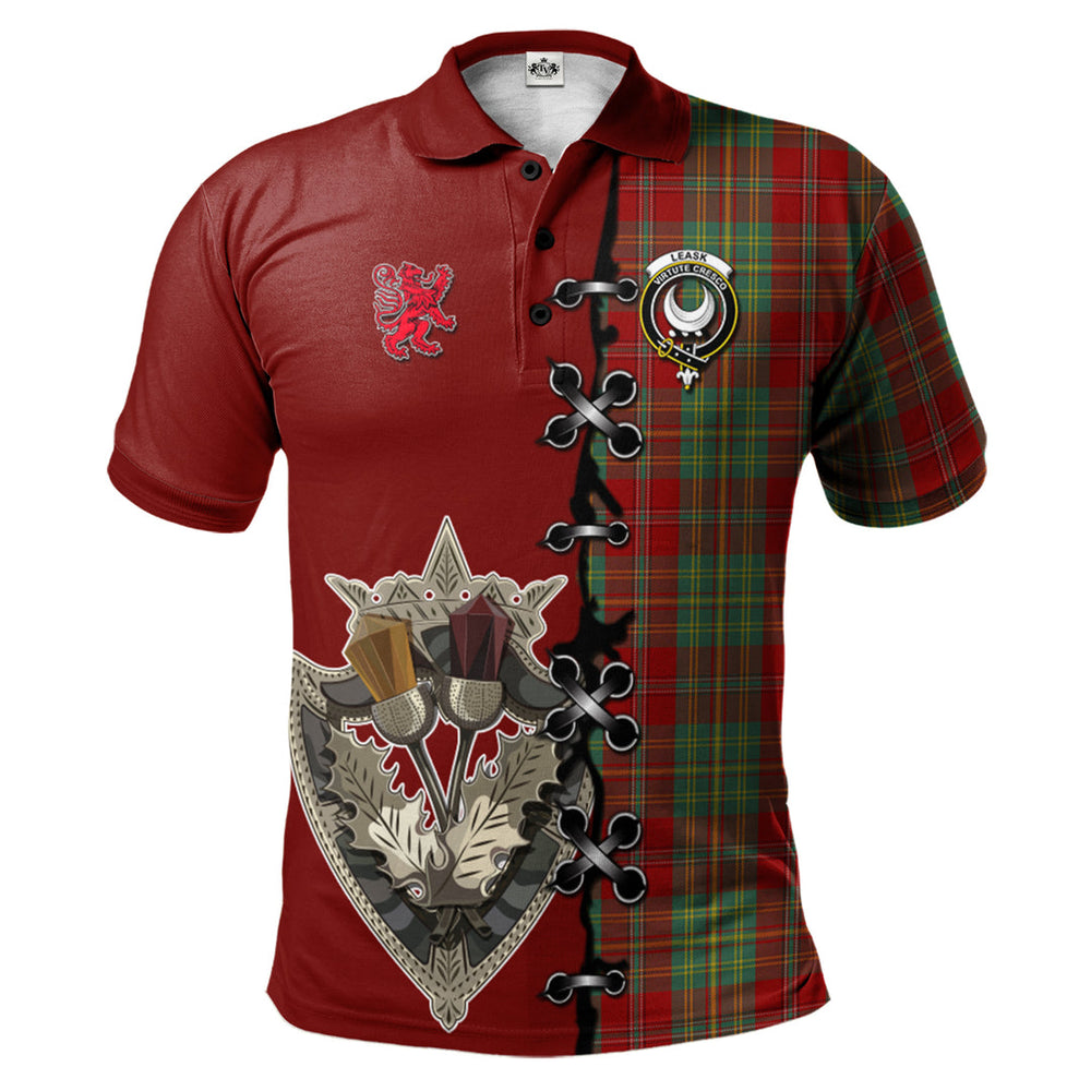 Clan Leask Tartan Polo Shirt - Lion Rampant And Celtic Thistle Style QR84 Leask Tartan Tartan Polo