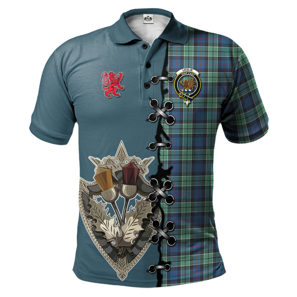 Clan Leslie Hunting Ancient Tartan Polo Shirt - Lion Rampant And Celtic Thistle Style IX18 Leslie Hunting Ancient Tartan Tartan Polo
