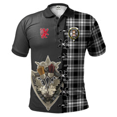 Clan Menzies Black _ White Tartan Polo Shirt - Lion Rampant And Celtic Thistle Style IJ59 Menzies Black _ White Tartan Tartan Polo