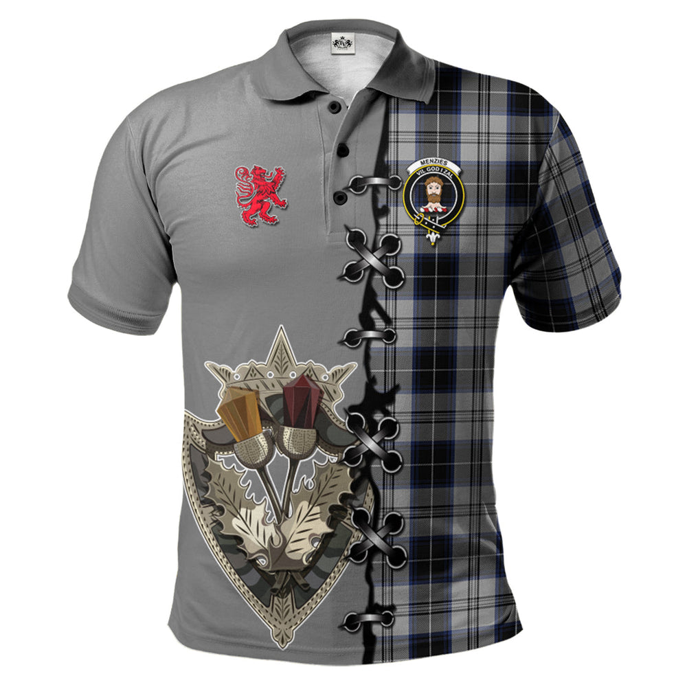 Clan Menzies Black Dress Tartan Polo Shirt - Lion Rampant And Celtic Thistle Style UB70 Menzies Black Dress Tartan Tartan Polo