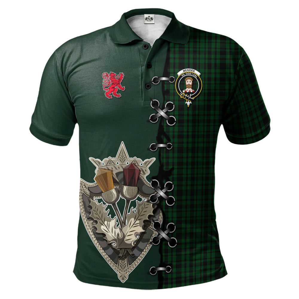 Clan Menzies Green Tartan Polo Shirt - Lion Rampant And Celtic Thistle Style DX10 Menzies Green Tartan Tartan Polo
