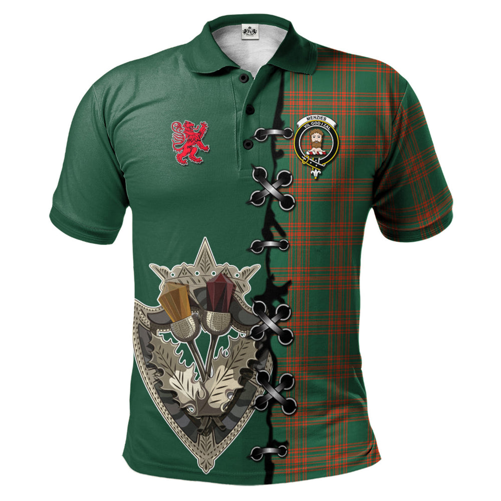 Clan Menzies Green Ancient Tartan Polo Shirt - Lion Rampant And Celtic Thistle Style LG72 Menzies Green Ancient Tartan Tartan Polo