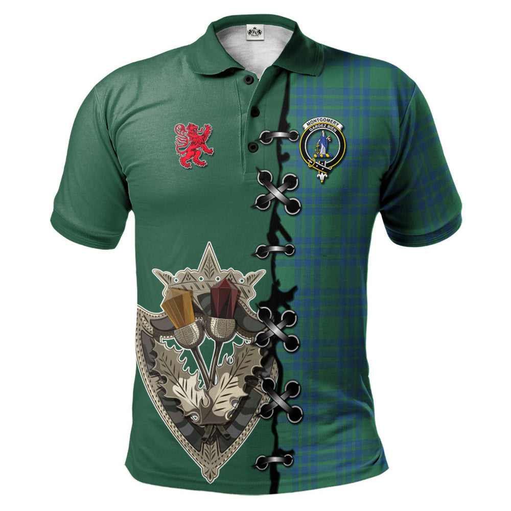 Clan Montgomery Ancient Tartan Polo Shirt - Lion Rampant And Celtic Thistle Style AK84 Montgomery Ancient Tartan Tartan Polo