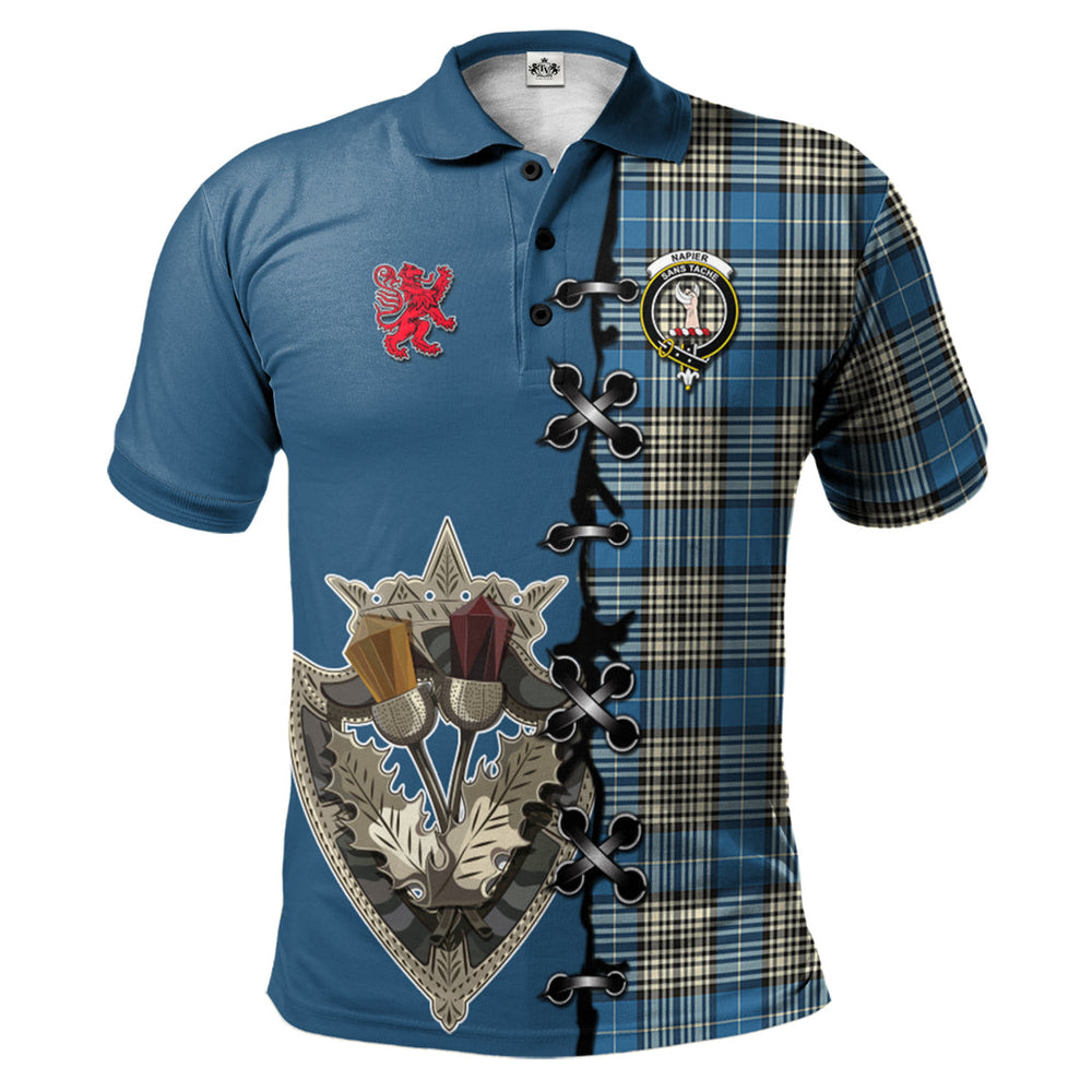 Clan Napier Ancient Tartan Polo Shirt - Lion Rampant And Celtic Thistle Style AO48 Napier Ancient Tartan Tartan Polo