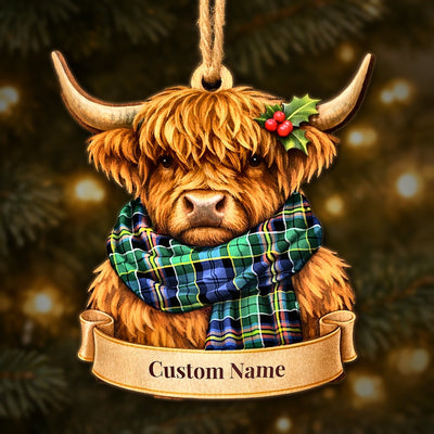 Personalized Clan Allison Tartan Highland Cow Ornament with Custom Name – Scottish Christmas Tree Decoration