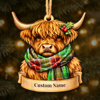 Personalized Clan Baxter Modern Tartan Highland Cow Ornament with Custom Name – Scottish Christmas Tree Decoration