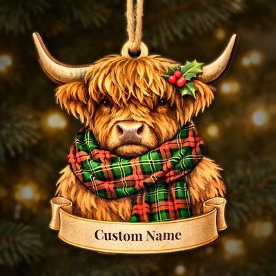 Personalized Clan Blackstock Tartan Highland Cow Ornament with Custom Name – Scottish Christmas Tree Decoration