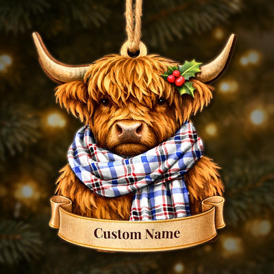 Personalized Clan Boswell Modern Tartan Highland Cow Ornament with Custom Name – Scottish Christmas Tree Decoration