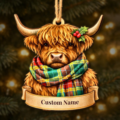 Personalized Clan Buchanan Old Sett Tartan Highland Cow Ornament with Custom Name – Scottish Christmas Tree Decoration