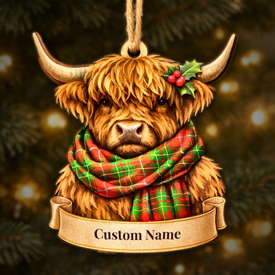 Personalized Clan Burnett Ancient Tartan Highland Cow Ornament with Custom Name – Scottish Christmas Tree Decoration