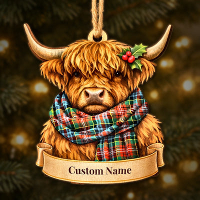 Personalized Clan Caledonia Ancient Tartan Highland Cow Ornament with Custom Name – Scottish Christmas Tree Decoration