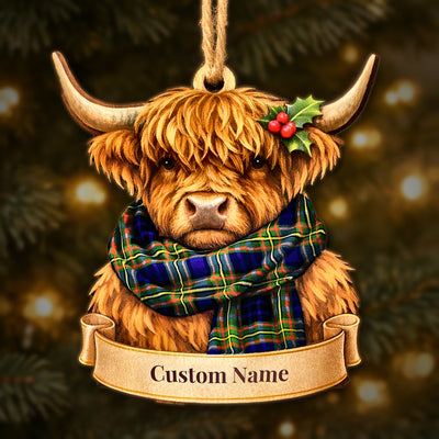 Personalized Clan Clelland Modern Tartan Highland Cow Ornament with Custom Name – Scottish Christmas Tree Decoration