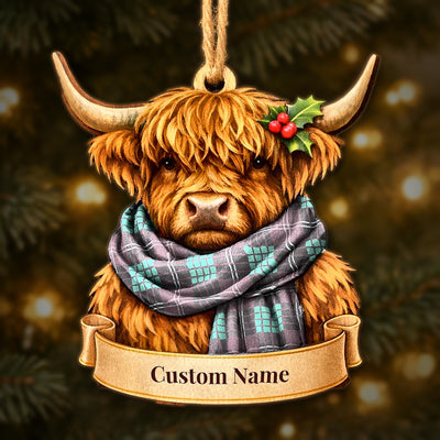 Personalized Clan Crawford Ancient Tartan Highland Cow Ornament with Custom Name – Scottish Christmas Tree Decoration