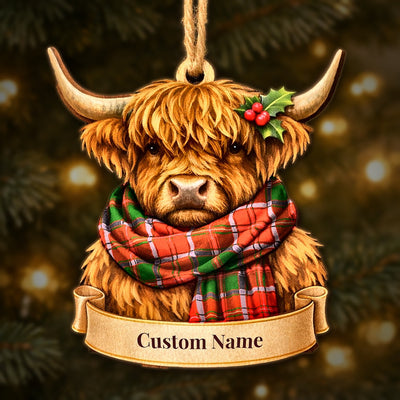 Personalized Clan Crief District Tartan Highland Cow Ornament with Custom Name – Scottish Christmas Tree Decoration