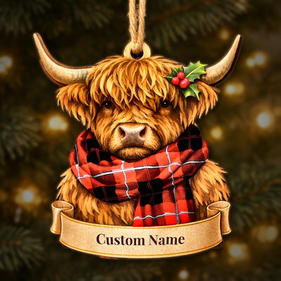 Personalized Clan Cunningham Modern Tartan Highland Cow Ornament with Custom Name – Scottish Christmas Tree Decoration